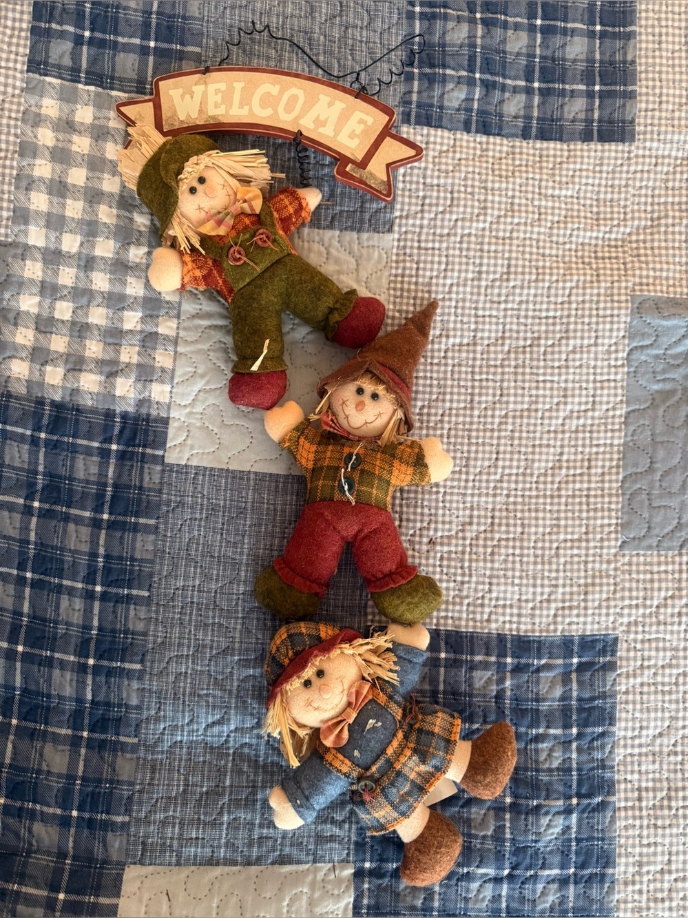 Welcome Hanging Scarecrow Trio - Rustic Fall Home Accent, Green/Red/Brown